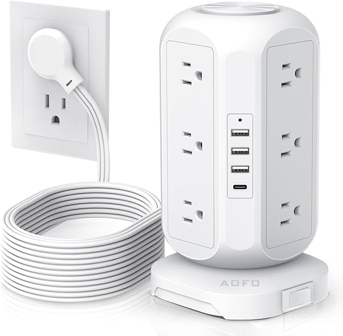 15 ft Long Extension Cord Power Strip Tower,AOFO Power Strip 12 AC Outlets 4 USB(1 USB C) Ports, Charging Tower Overload Protection with Multiple Outlets for Home Dorm Office