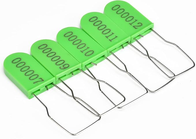 LeadSeals 100PCS Plastic Padlock Security Seals Metal Wire Padlocks Electric Meter Lockout Tags Self-Locking Numbered Anti Tamper Seal Tags Green