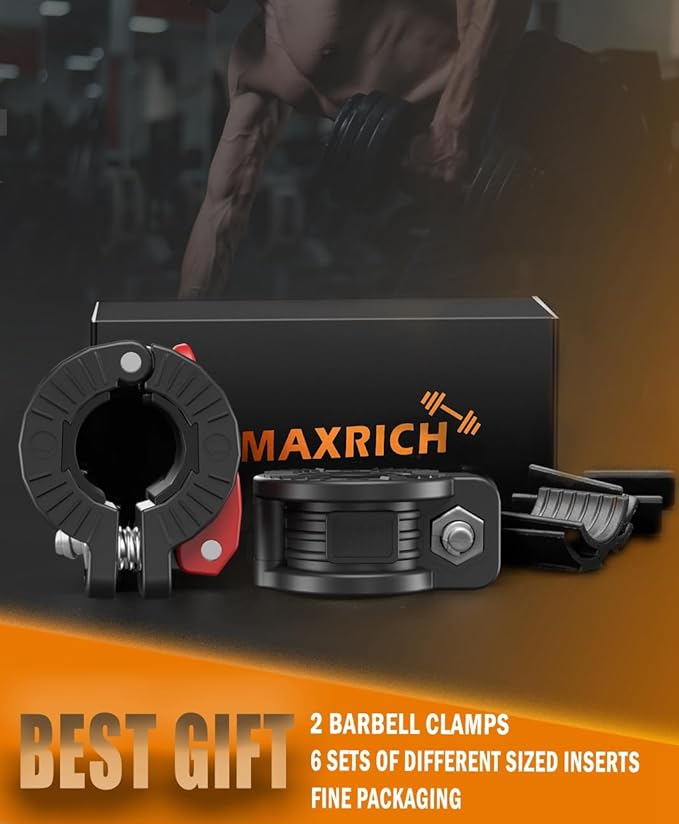 MAXRICH Barbell Clamp 1 inch Multiple Sizes & Adjustable Weight Clips for Barbell Quick Release Barbell Clips|Barbell Collar Bar Locks for Weight Lifting (Black+Red)
