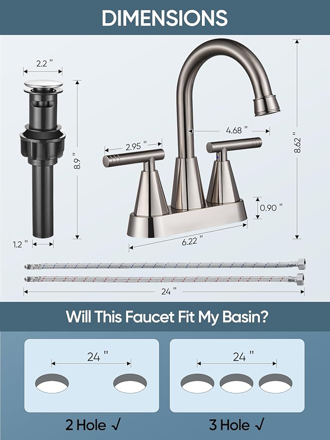 Cobbe 4 inch Brushed Nickel Bathroom Faucets with Pop up Drain and Two Supply Hoses, Lead-Free Stainless Steel 2 Handle Centerset Faucet for Vanity, RV