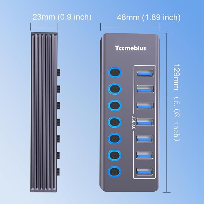 Tccmebius Powered 7-Port USB 3.0 Hub, USB C to 7 Ports USB Data Hub Splitter with Individual LED On/Off Switche, 3.3FT Cable, 12V/3A Power Adapter, for Laptop MacBook Pro/Air PC (Aluminum Gary)