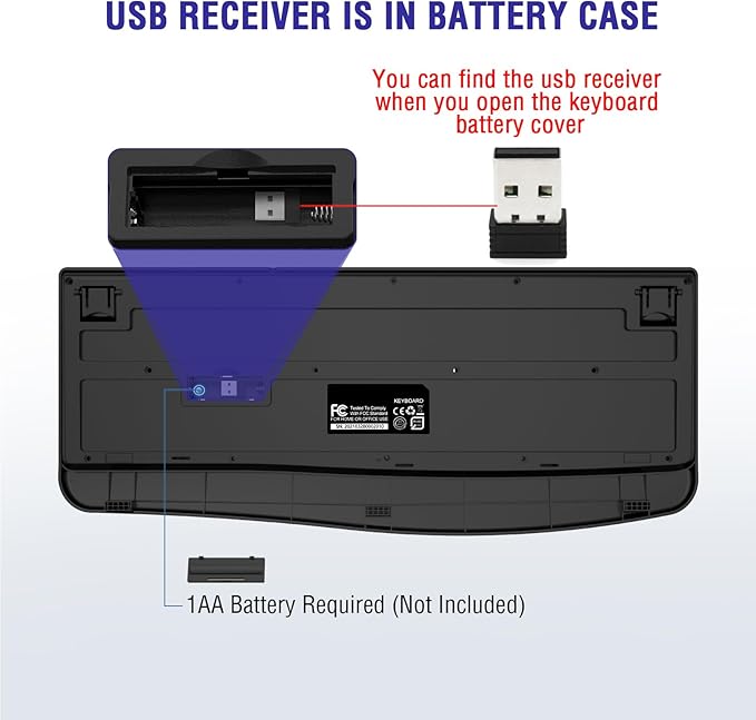 QUASIO Wireless Keyboard, 2.4G Full-Sized Ergonomic Wireless Computer Keyboard with Wrist Rest for Windows, Mac OS Laptop/PC/Desktop/Notebook(Black)