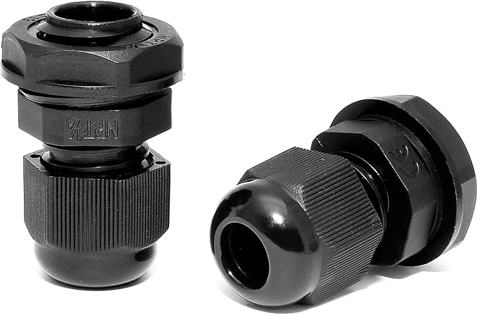 Bonsicoky 20 Pcs 1/4" NPT Nylon Cable Glands, IP68 Waterproof Adjustable Cord Grip Cable Connector Strain Relief Wire Protectors for 4-6mm Cable Diameter, Black