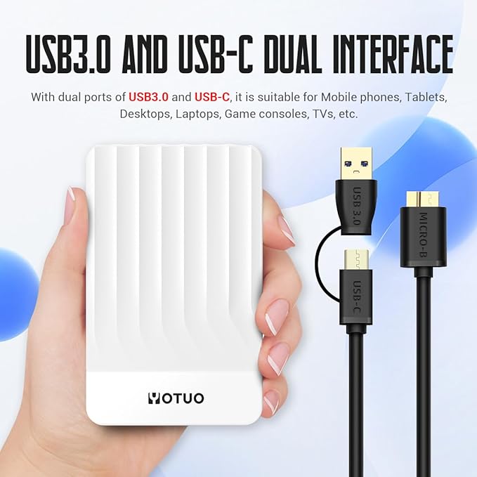 YOTUO 1TB External Hard Drive, Portable Storage Expansion HDD, USB 3.0 & USB-C for PC, Mac, Desktop, Laptop, Smartphone, PS4, Xbox One, Xbox 360, Office & Game, White