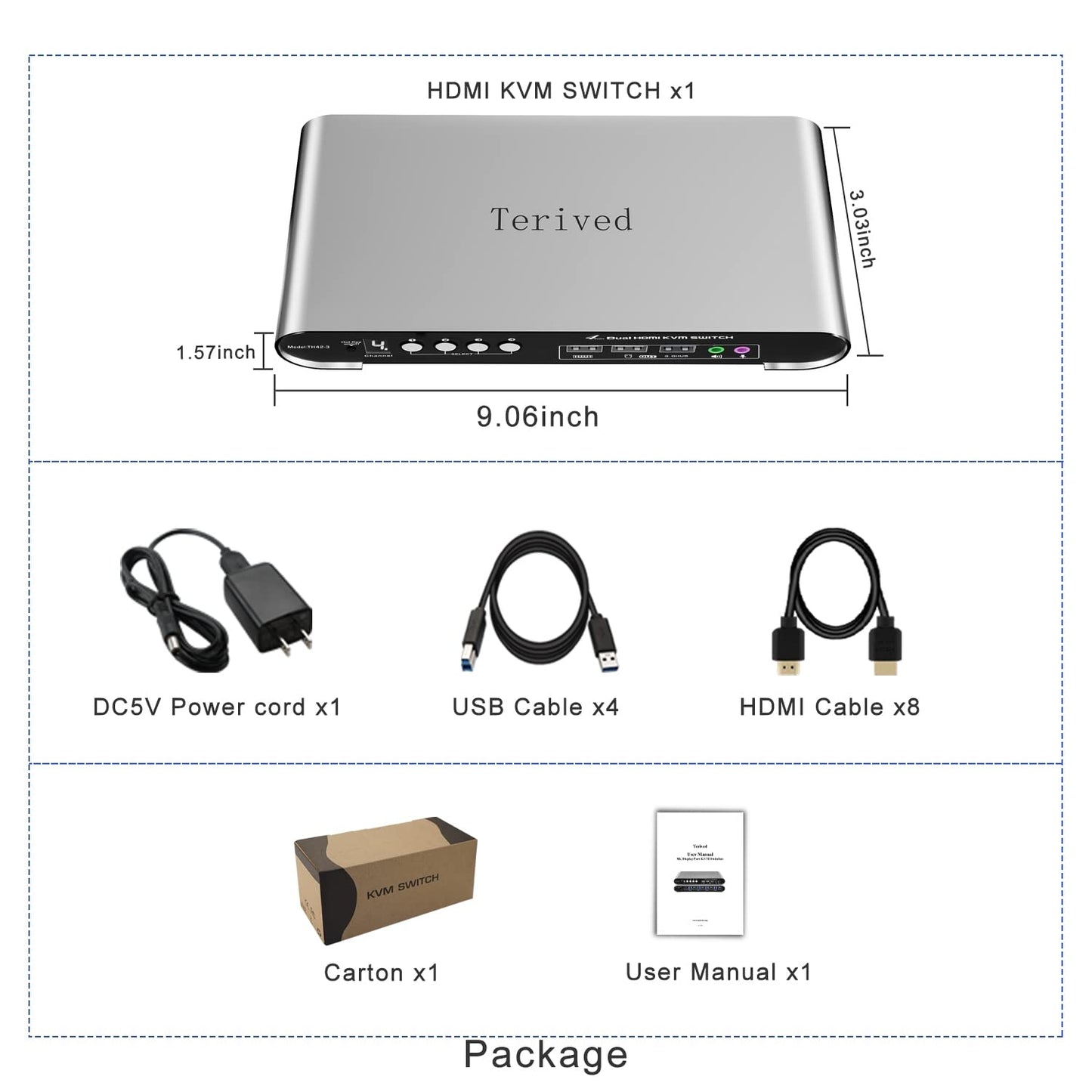 Terived 4 Computers 2 Monitors USB 3.0 HDMI KVM Switch 4K@60Hz with Hotkey Switching, Automatic Switching 4 Port Dual Monitor, Aluminum, Digital Display, USB 3.0 Audio/Mic, EDID, HDR10 with Cables