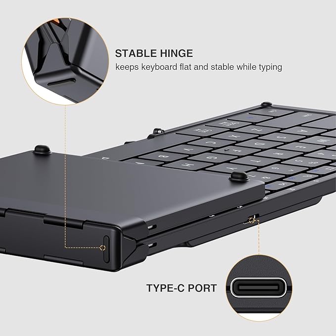 ProtoArc Foldable Bluetooth Keyboard, XK01 Full-Size Portable Wireless Keyboard for Travel, 105 Keys, 0.65" Keycaps, Multi-Device Sync for iPad Tablet Smartphone Laptop PC Windows iOS Android, Black