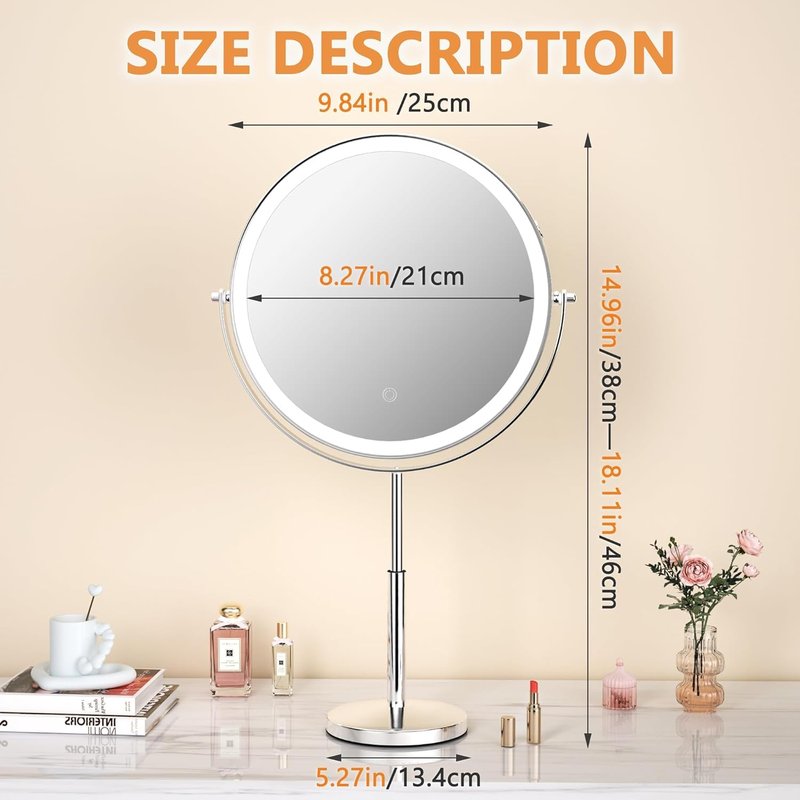 Hasipu 10” LED Makeup Mirror with 1X/10X Magnification - Rechargeable Vanity Mirror, 3 Color Modes, Touch Control, 360° Rotation & Height Adjustable Nickel