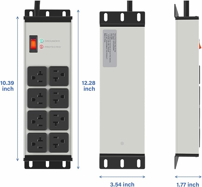 CCCEI Heavy Duty Power Strip Surge Protector 20 AMP Switch, 12 Gauge Extension Cord with Multiple Outlets, Industrial, Shop, Garage High Amp Wall Mount Electric Extender. 25FT, Grey.