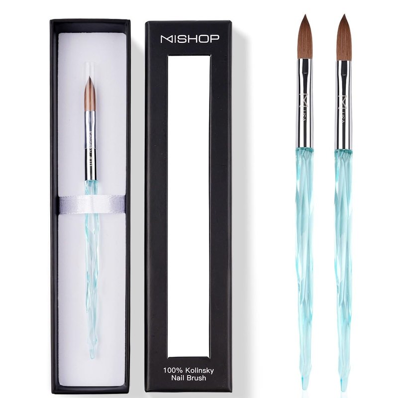 M ProK 100% Kolinsky Acrylic Nail Brush – Professional Nail Brush for Acrylic Application with Crystal Blue Handle – Handcrafted Salon Quality Tool (Size #14)