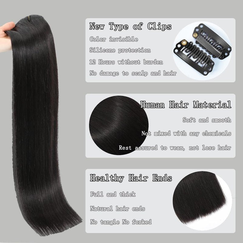 Moucyo Clip in Hair Extensions Real Human Hair 100% Brazilian Remy Human Hair Seamless Invisible clip on hair extensions for women Double Weft 7pcs 16 Inch 85g #1B Natural Black