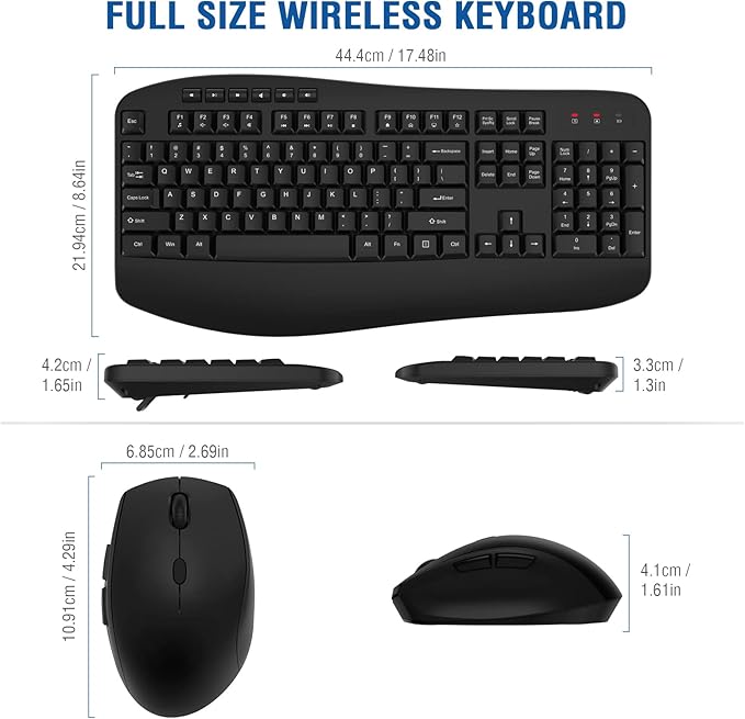 Wireless Keyboard Mouse Combo, EDJO 2.4G Full-Sized Ergonomic Keyboard with Comfortable Palm Rest and Optical Wireless Mouse for Windows, Mac OS PC/Desktops/Laptops (Grey)