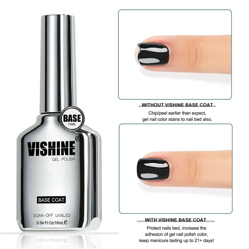 Vishine Gel Top Coat & Base Coat Set - 3Pcs 16ml, Matte & Shiny Finish for Natural & Artificial Nails