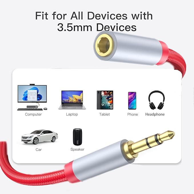 MORELECS 3.5mm Extension Cable 6.6ft - Headphone Extension Cable Nylon Braided Aux Cord Extender for Smartphones, Tablets, Media Players (No Mic Support) -Red