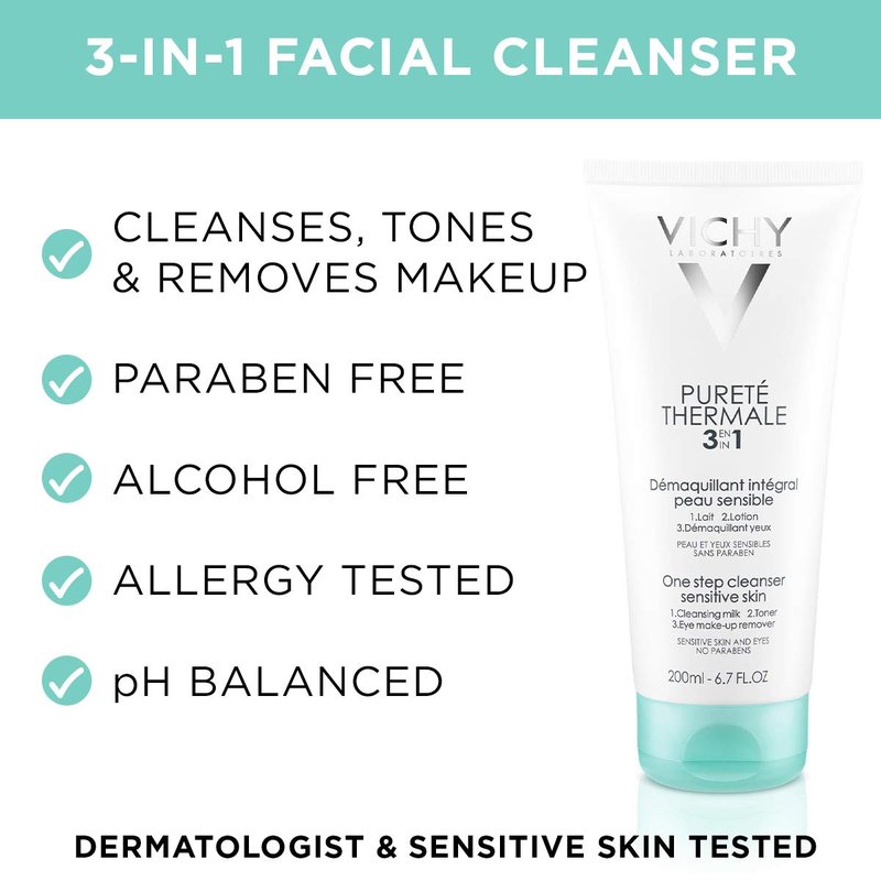 Vichy Pureté Thermale 3-in-1 One Step Facial Cleanser, Gentle Cleansing Milk, Toner, and Makeup Remover, Pack of 3