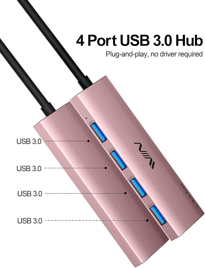 USB 3.0 Hub, 4 Port USB Hub Splitter, USB A Expander Portable USB Adapter Multiport Data Hub for Laptop, iMac Pro, MacBook Air, Mac mini/Pro, Surface Pro, USB Flash Drives, and Mobile HDD-Pink
