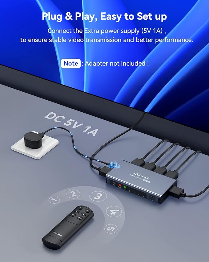 HDMI Switch 5 in 1 Out 4K@60Hz, GANA HDMI Splitter Switcher with Remote, Aluminum HDMI 2.0 Switch Box Hub for 3D, HDCP2.2, HDR, Compatible with Xbox, PS5/4/3,Fire Stick,Roku,Blu-Ray Player, Grey