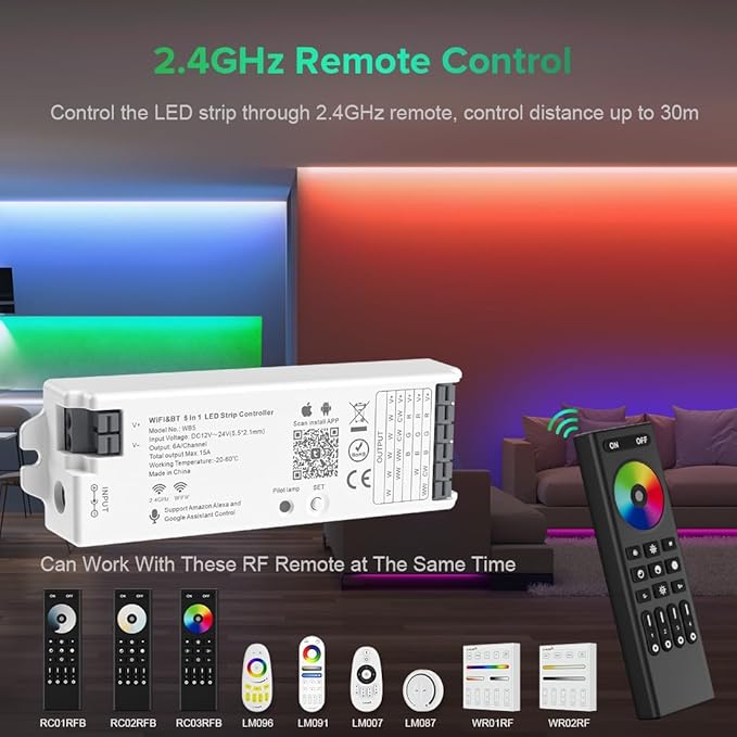 BTF-LIGHTING 5-in-1 WB5 2.4GHz WiFi LED Controller, PWM Dimmer Compatible with Alexa/Google Home/Tuya Smart/Smart Life APP, for Dimming/CCT/RGB/RGBW/RGBCCT Strip Light, Work with WR01RF, WR02RF, etc.