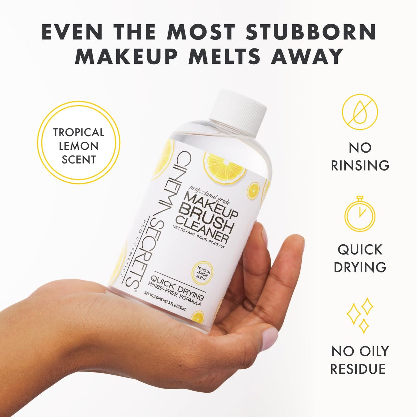 Cinema Secrets Original Makeup Brush Cleaner Solution - Professional Cleanser for Makeup Brushes - Quick-Drying, Rinse-Free Formula - Removes Stubborn Waterproof Make Up - Lemon (8 fl oz)