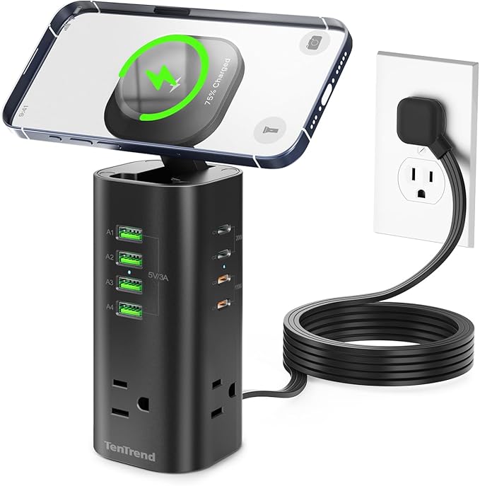 160W Fast Charging Station, TenTrend Power Strip Tower Surge Protector with 3 AC Outlets & 8 USB Ports (4 USB-C), 5 FT Flat Plug Extension Cord with Multiple Outlets for Home Office