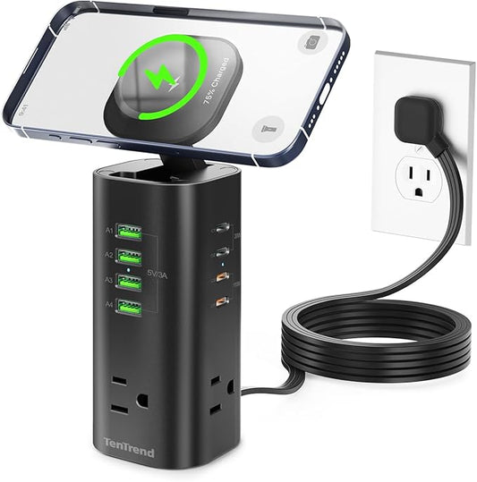 160W Fast Charging Station, TenTrend Power Strip Tower Surge Protector with 3 AC Outlets & 8 USB Ports (4 USB-C), 5 FT Flat Plug Extension Cord with Multiple Outlets for Home Office