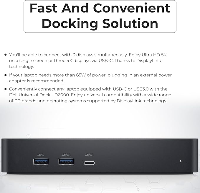 Dell D6000S Universal Docking Station - USB-C/USB-A Dock with 130W Adapter, HDMI, DisplayPort, USB-C Cables - Supports 4K Display (Renewed)