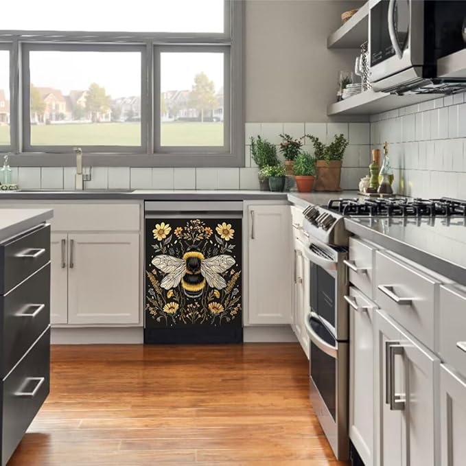 Flower and Bee Wallpaper Dishwasher Magnet Cover Sticekr - Kitchen Decorative Fridge Panel Decal - Kitchen Appliances Decorate Sticker - 23W x 17H inchs