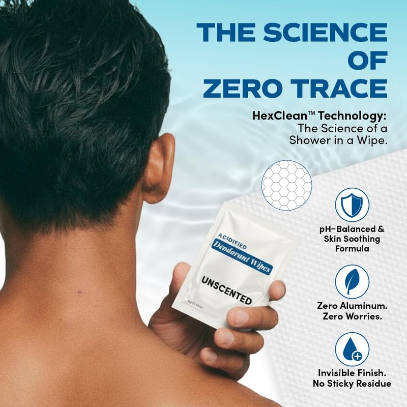 Zero Trace Travel Deodorant Wipes - 60 Count- 24 Hour Odor Control - Aluminum Free Hypoallergenic Deodorant For Women and Men - Individually Wrapped Underarm & Body Wipes - Uscented Bare Fresh