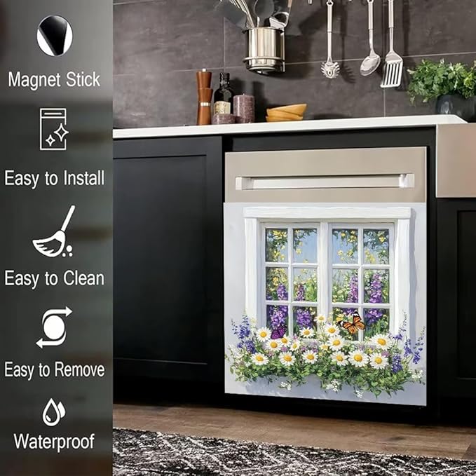 Kitchen Decor Dishwasher Magnet Cover Decal, Floral Window Garden with Daisies and Butterfly, Magnetic Dish Washer Panel Door Vinyl Sticker, Refrigerator Magnets,Easy to Clean, 23 x 26 inch