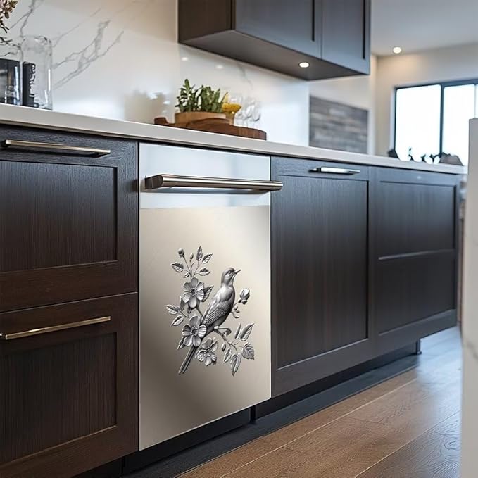 Dishwasher Magnet Cover Sticker,Stainless Steel Style Bird and Flower Pattern Magnetic Refrigerator Panel Decal Magnets Kitchen Decor Sticker Fridge Magnets Panel,23W x 26H inchs