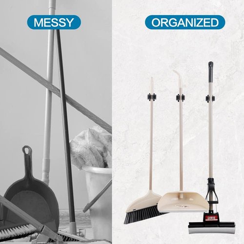 JAMEND Heavy-Duty Broom and Mop Holder - 6-Piece Stainless Steel Organizer Rack | Matte Black