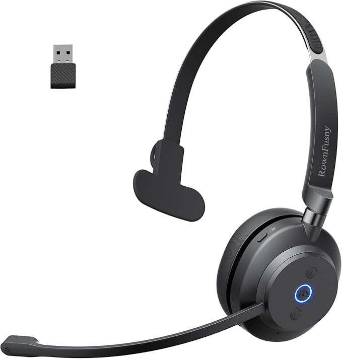 Rownfusny Bluetooth Headphones Wireless Headset with Mic for Work-V5.3 Computer Headsets with Noise Reduction Microphone, 2.4Ghz USB Dongle & Mute Button for PC, Laptop, Office, Home
