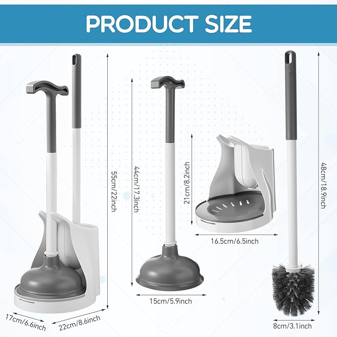 6 Pack Toilet Brush and Plunger Set 22 Inch Extended Handle Plunger Heavy Duty Toilet Bowl Brush Combo with Holder Bathroom Tools Professional Cleaning Supplies Kit for Maintenance