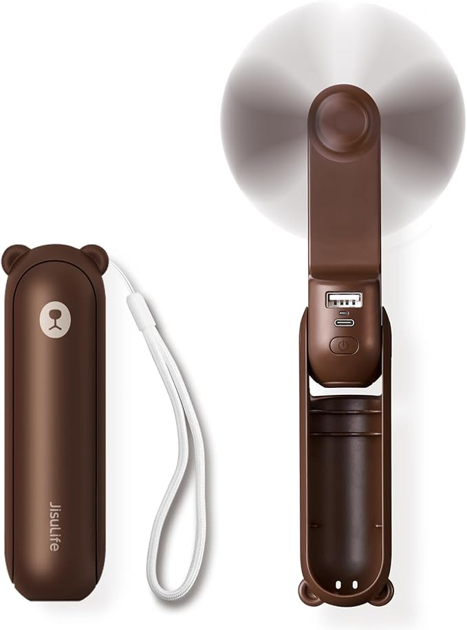 JISULIFE 3 IN 1 Handheld Mini Fan - Portable Fan & Power Bank & Flashlight, 19H Max Cooling, USB Rechargeable, Pocket-Sized for Travel, Cruise, Concerts, Makeup, 2026 Summer Gifts for Women(Brown)
