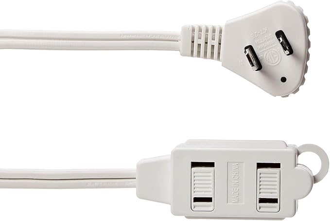 Amazon Basics 3-Foot 2-Prong Indoor Extension Cord Power Strip with Flat Plug, Space-Saving Design, 13 Amps, 1625 Watts, 125 VAC, White, 2-Pack