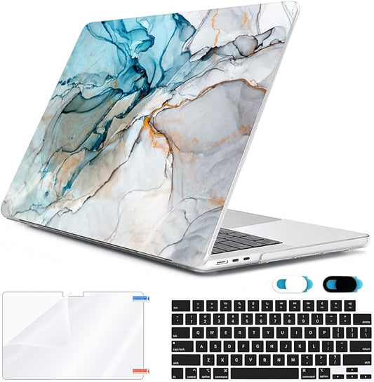 HOHAIYOO Compatible with M4 2025 MacBook Air 13.6 inch Case A3240 with Touch ID 2022 2023 2024 M3 A3113 M2 A2681, Plastic Hard Shell Case & Keyboard Cover & Screen Protector & Webcam Cover, Marble