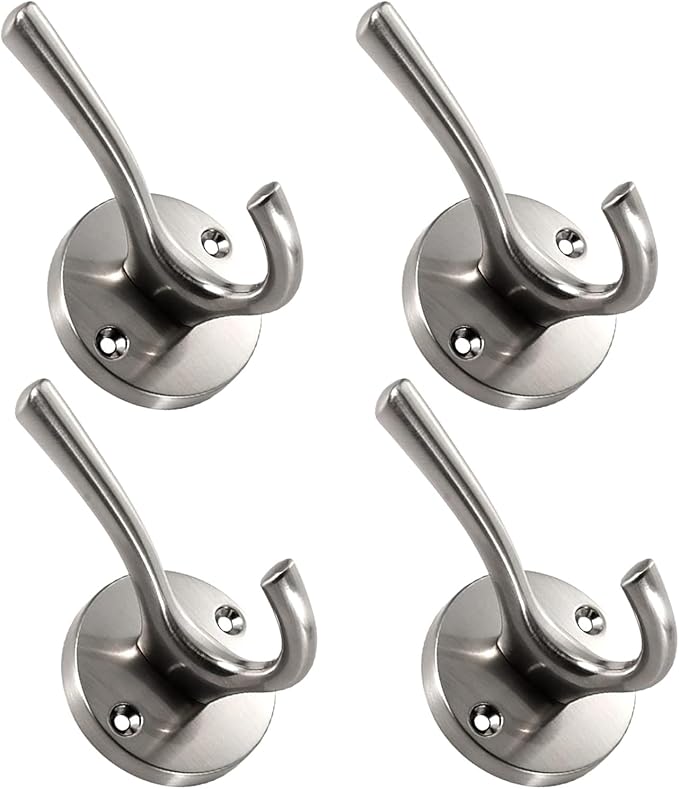 NETLKLA 4 Pack Brushed Nickel Coat Hooks - Silver Robe & Towel Hooks for Bathrooms & Kitchen