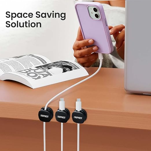Cord Organizer [Fast Lock] 6 Pack GRIPNEST Black Cable Management [Easy Grip] Cord Holder Clips, Adjustable Strong Adhesive Wire Holders for Cords, Desk, Office, Home, Car, or Nightstand.