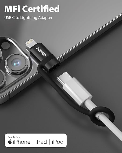 BOUTOP [MFi Certified] 36W USB C to Lightning Cable Adapter, Support Data Sync/PD Fast Charging Compatible with iPhone iPad AirPods, with Anti-Lost Holder - Black 2 Pack