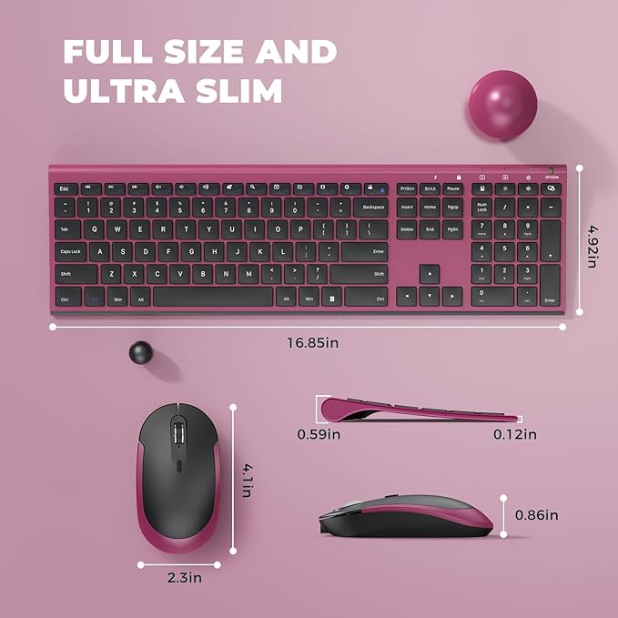 Rechargeable Compact Quiet Full-Size Keyboard and Mouse Combo with Nano USB Receiver for Windows, Laptop, PC, Notebook-Black and Red