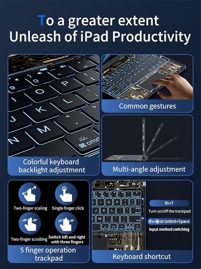 KARTICE Transparent Case with Wireless Keyboard for iPad Pro 11 Inch (M4,2024), 7 Colors Backlight, Multi-Touch Trackpad, 360° Rotating Stand Case with Pencil Holder for iPad Pro 11