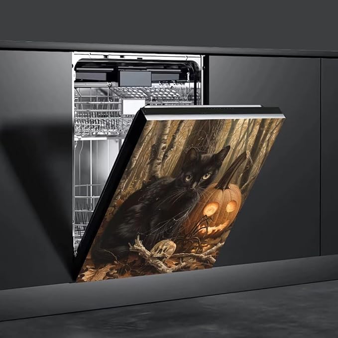 Generic Black Cat & Pumpkin Dishwasher Face Cover, Decorative Happy Halloween Stickers - Skull, Forest Fridge Door Cover, 23Wx26H