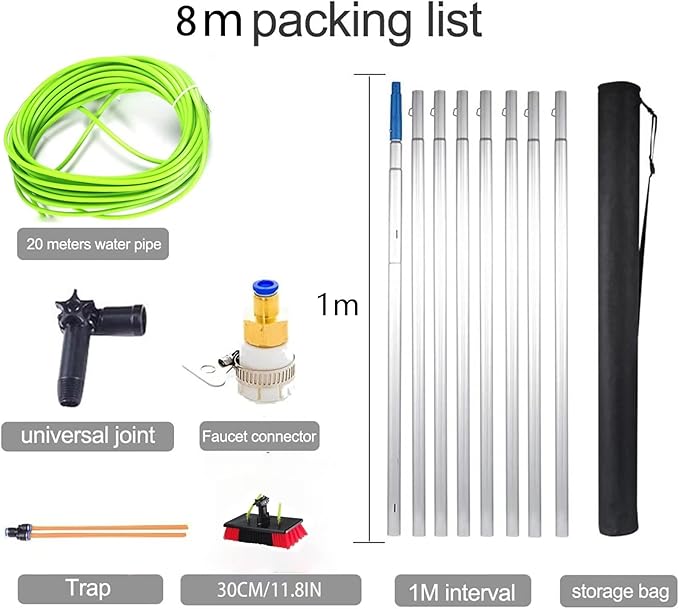 5-12m(16.5-39.5Foot) Extension Pole Window Washer Combo Telescopic Pole Window Cleaning Extension Pole for Cleaning Windows(30cm Brush 8m Pole)