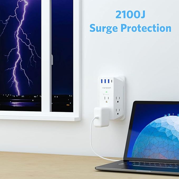 Wall Outlet Extender, Vansoet 6 Outlet Splitter with 4 USB Ports(1 USB C PD 20W), 2100J Surge Protector Power Strip, 3 Side Multi Plug Outlet for Travel, Home, Office, Dorm