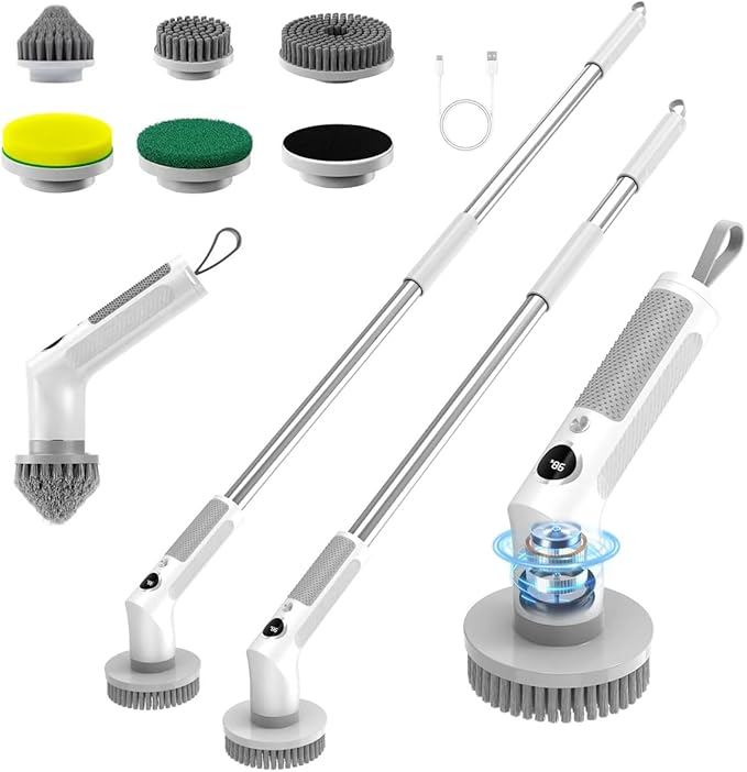 Electric Spin Scrubber, Cordless 20W High-Torque IPX7 Waterproof Cleaning Brush with LED Battery Display, 2-Speed &6 Replaceable Heads & Extendable Long Handle