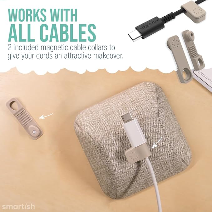 Smartish® Magnetic Cord Holder - Cable Wrangler Organizer with Magnet Clips for Charger Management on Desktop, Nightstand for USB-C + Lightning - Lightly Toasted Beige