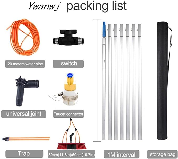 20FT Extendable Window Cleaning Pole Kit with Steel Buckle 30cm Large Brush Head 20m Water Supply Hose Easy to Install Roof Cleaning Tools