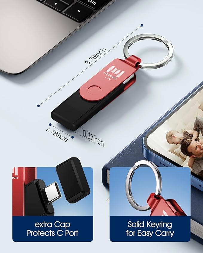 MOSDART 256GB USB C 3.2 Fast Speed C and A Dual Flash Drive, exFAT Memory Stick with Keychain and LED Indicator, for iPhone 15,16,17, Android Phone, iPad, MacBook, and Other Laptops, Red