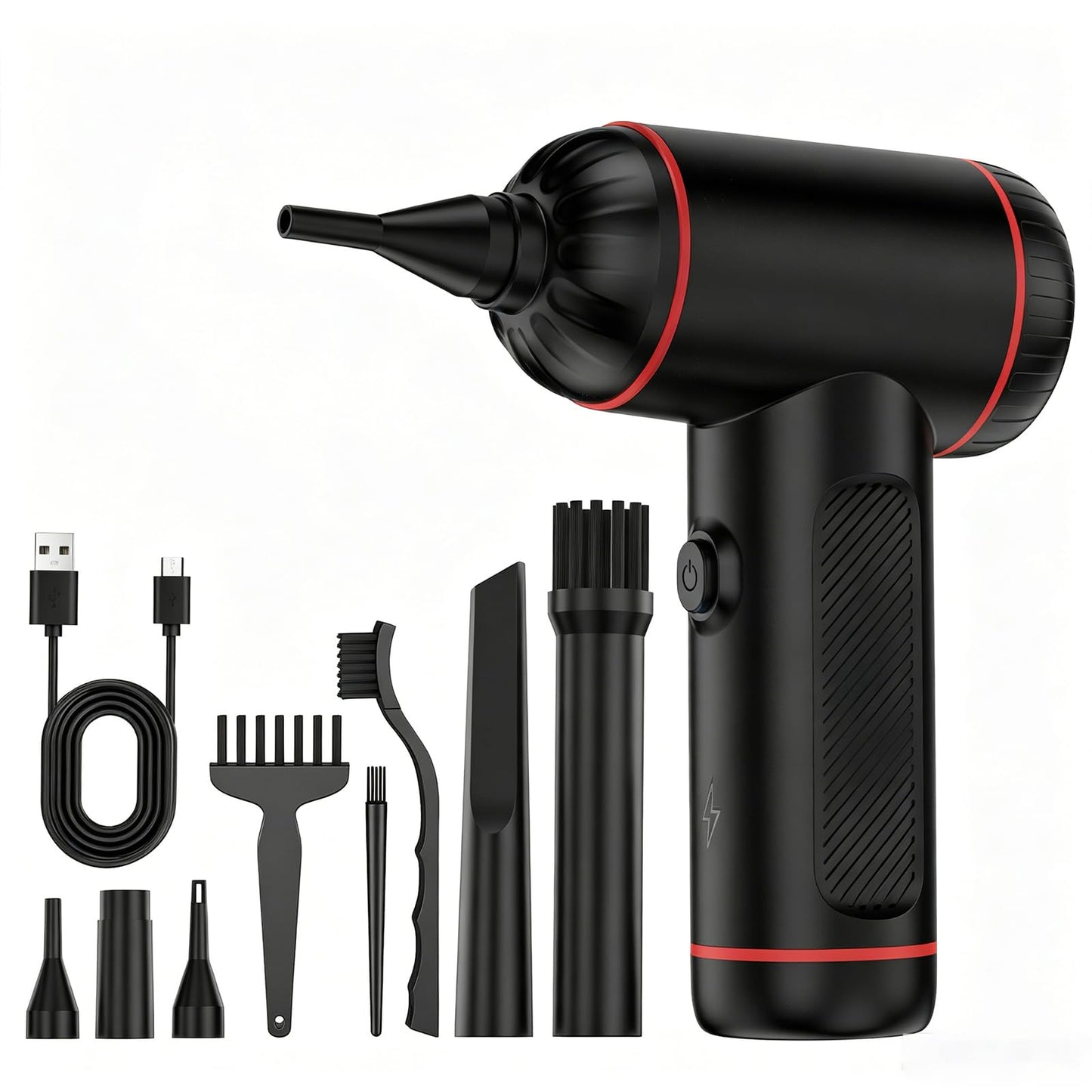 Compressed Air Duster, 100000RPM Handheld Car Vacuum/Air Blower& Pump, 3 Gear Adjustable Electric Air Duster/Car Vacuum Cleaner, Keyboard Duster with LED Light-10 Kits Air Blower for Computer(Black)