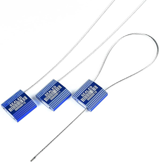LeadSeals 50 Blue High Security Cable Seals With Barcode - Pull Tight Numbered Steel Anti-Tamper Shipping Self-Locking Tags for Logistics - ISO 17712 Certificated