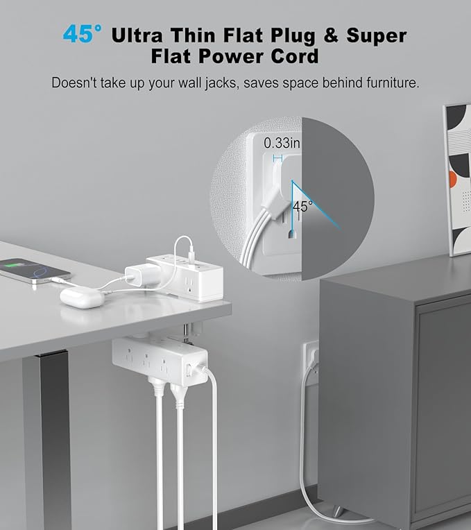 Dual Layer Desk Clamp Power Strip, Desktop Edge Mount Surge Protector with 15 AC Outlets & 4 USB Ports(20W USB-C), Ultra Thin Flat Plug & 10FT Power Cord for Office Home(ETL Listed)